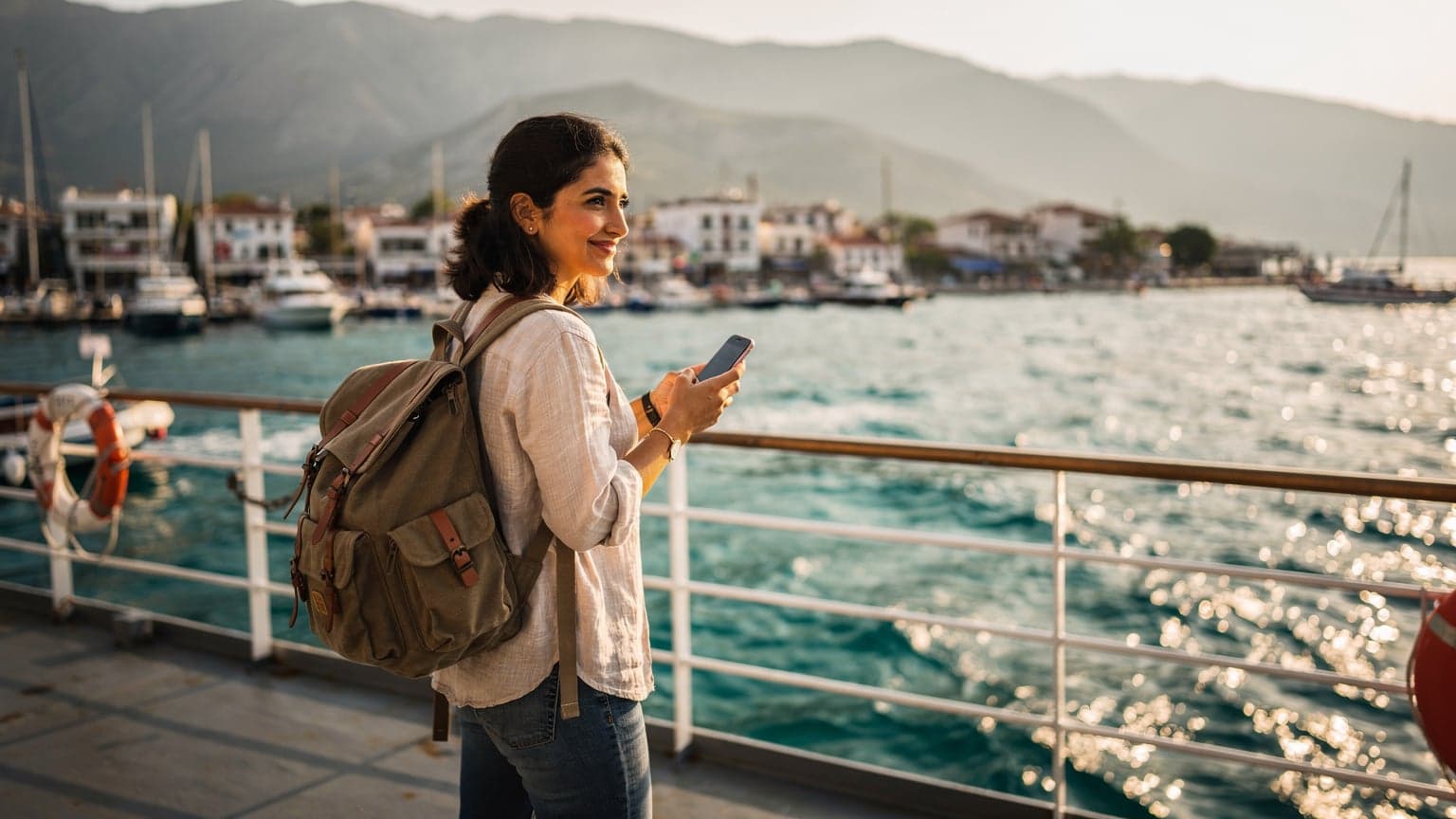 Fethiye limanından Rodos'a giden bir feribotun güvertesinde elinde akıllı telefonla ufka bakan genç bir kadın.