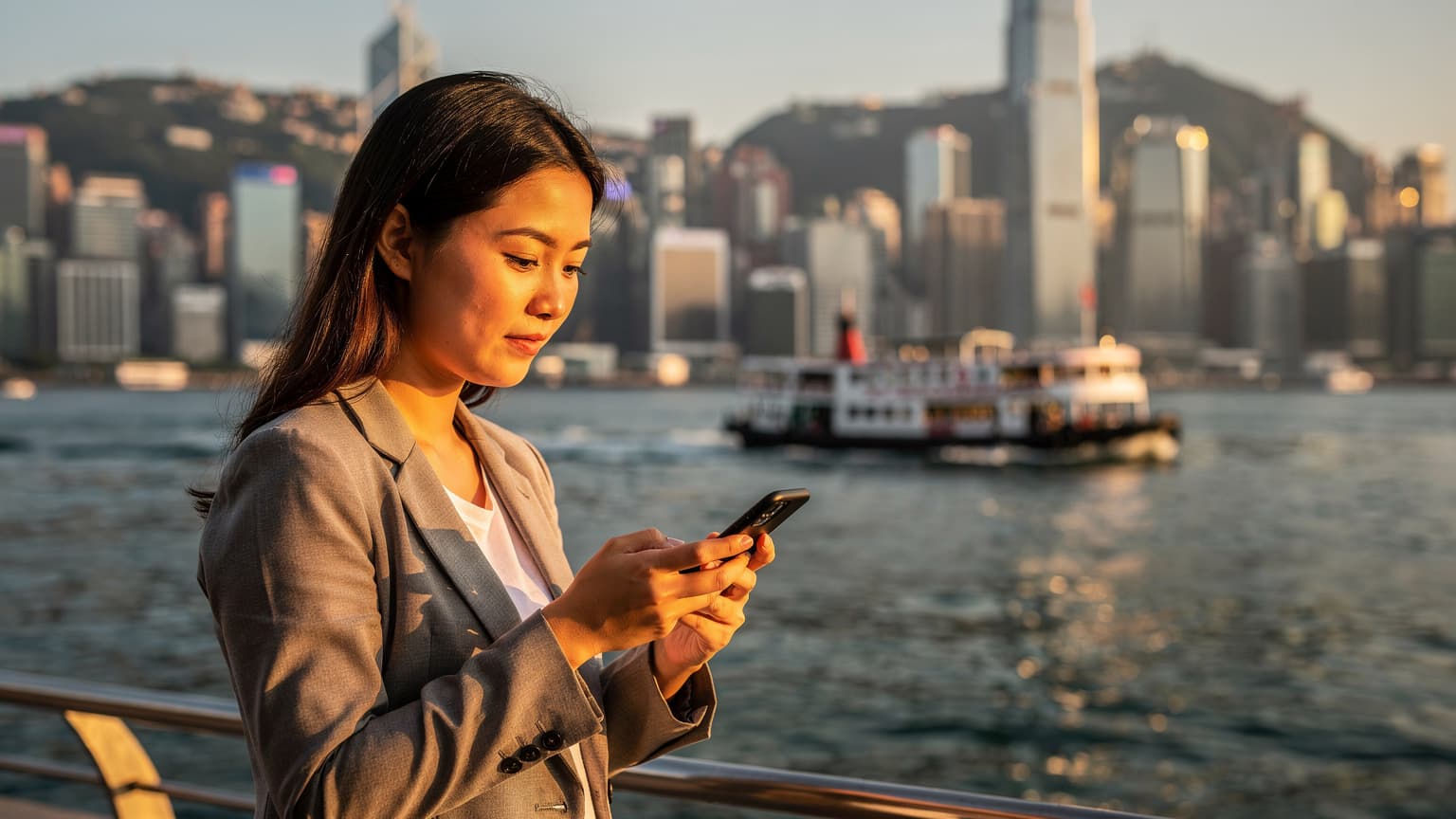 一位旅客在香港維多利亞港旁,手持手機查看eSIM連接狀態,背景是繁華的城市天際線。