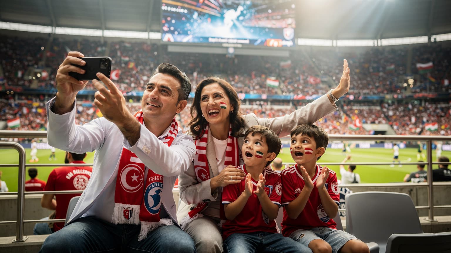 Almanya'da bir stadyumun tribünlerinde Avrupa Şampiyonası maçını izleyen ve akıllı telefonlarıyla anı kaydeden neşeli bir Türk aile, arkalarında büyük bir skor tabelası ve coşkulu kalabalıklar var.