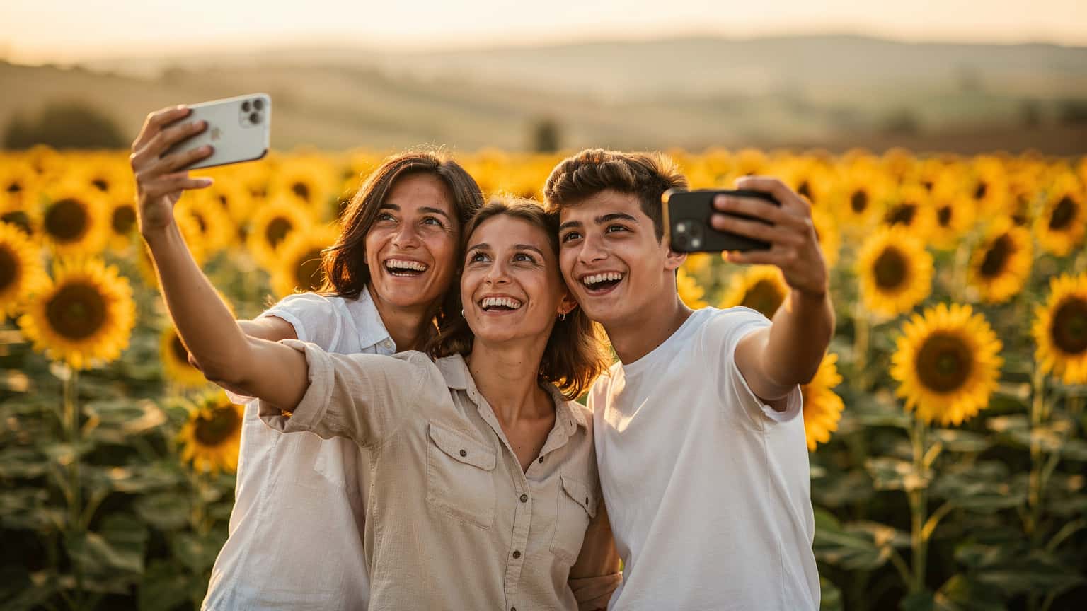 Una famiglia italiana sorride e scatta foto con lo smartphone davanti a un campo di girasoli in Toscana al tramonto, un'immagine idilliaca delle vacanze estive.
