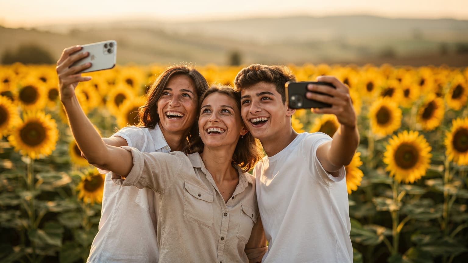 Una famiglia italiana sorride e scatta foto con lo smartphone davanti a un campo di girasoli in Toscana al tramonto, un'immagine idilliaca delle vacanze estive.