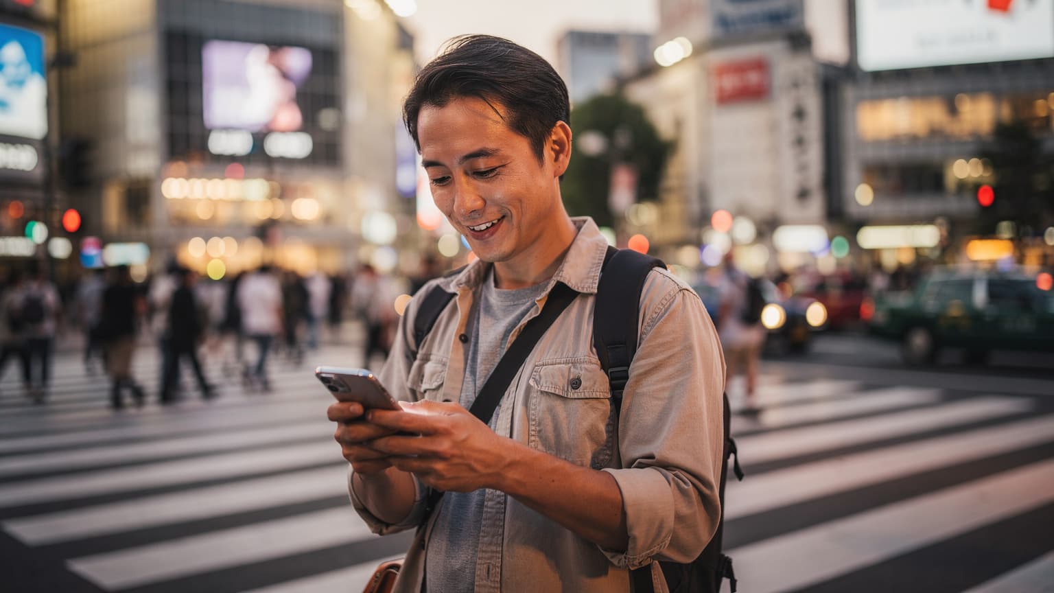 東京の渋谷スクランブル交差点を背景に、スマートフォンで地図アプリを確認する旅行者のクローズアップ。