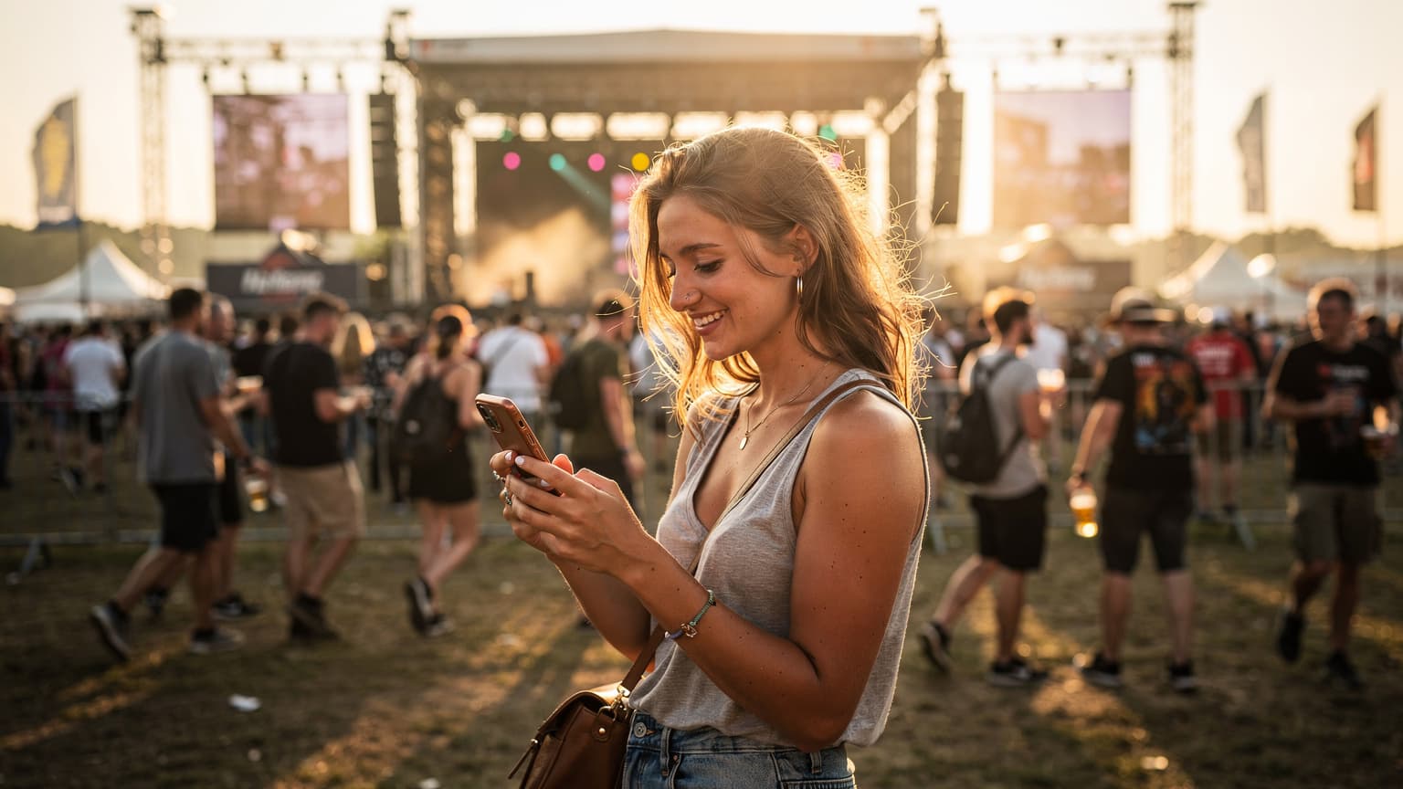 Eine junge Frau lächelt, während sie auf einem belebten Festivalgelände in der Dämmerung ihr Smartphone mit einer eSIM-Bestätigung in der Hand hält.