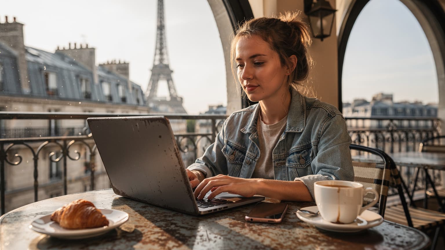 Bir genç kadın, Paris'teki Eyfel Kulesi manzaralı bir kafede laptopu ve telefonuyla çalışırken kahve içiyor.