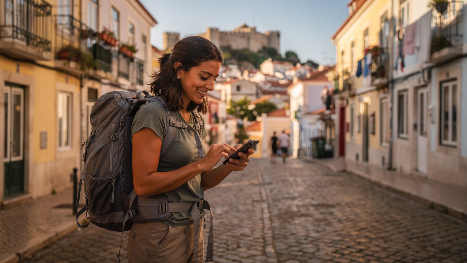 Uma mulher jovem, com mochila, sorri enquanto segura seu iPhone recém-lançado com um eSIM ativo, de pé em uma rua de paralelepípedos em Lisboa, com o Castelo de São Jorge ao fundo.