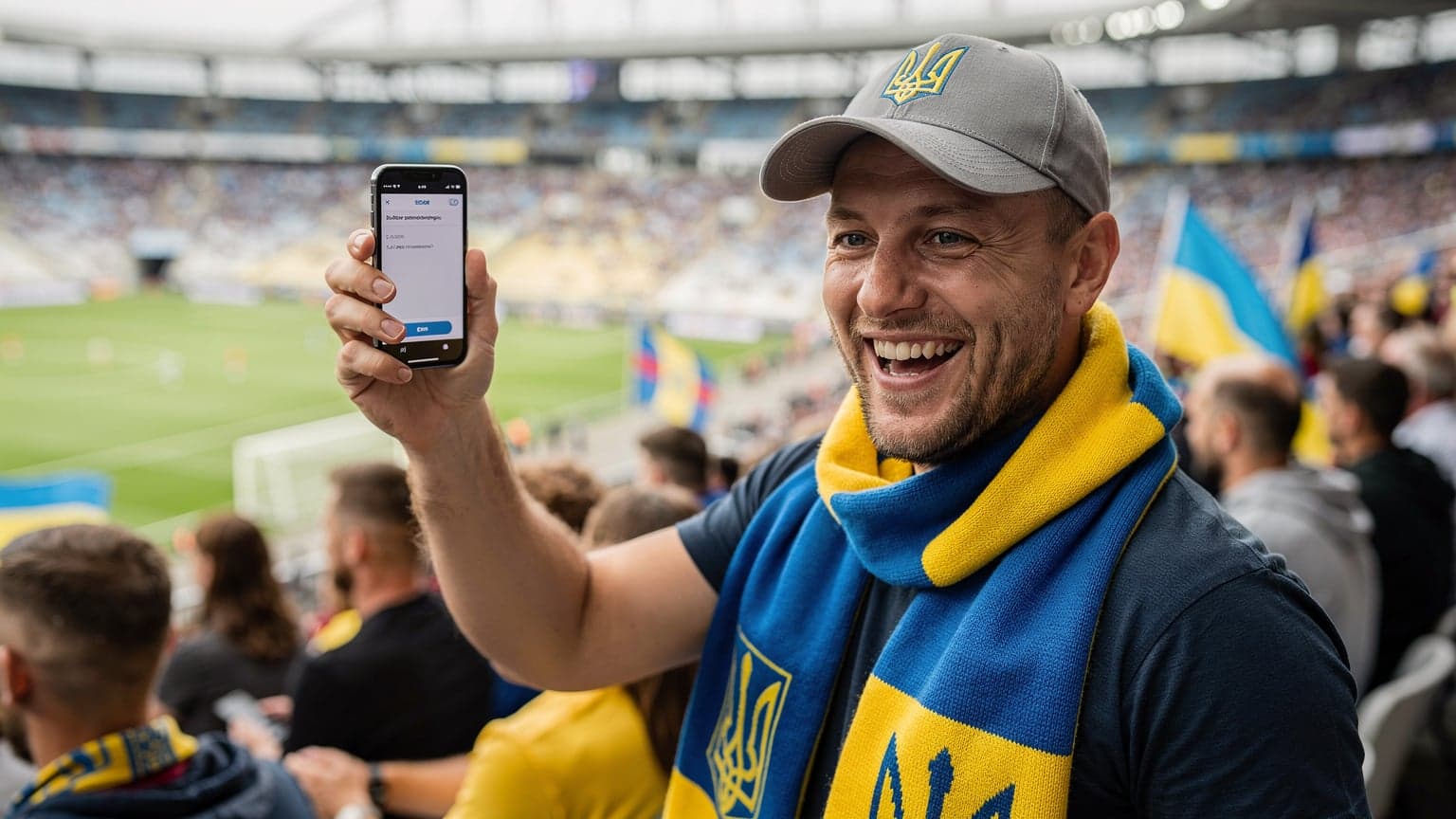 Український футбольний фанат у кепці та шарфі з національною символікою, який щасливо фотографує свій телефон з eSIM на фоні стадіону в Німеччині під час матчу Євро 2026.