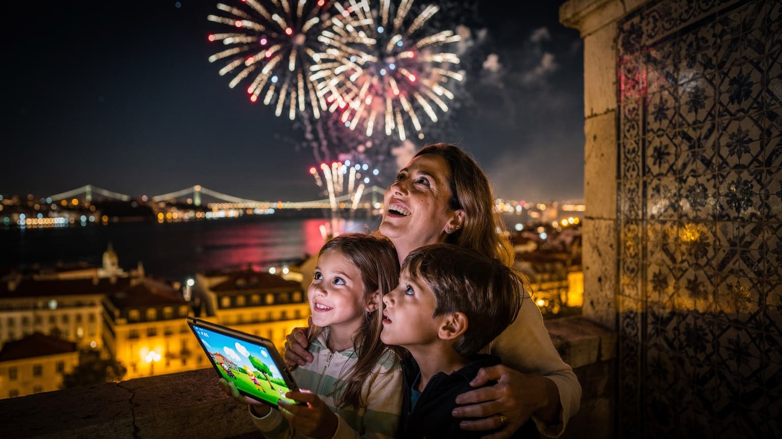 Uma mãe sorridente e seus dois filhos, um com um tablet, observam os fogos de artifício sobre o Rio Tejo em Lisboa durante as Festas dos Santos Populares.