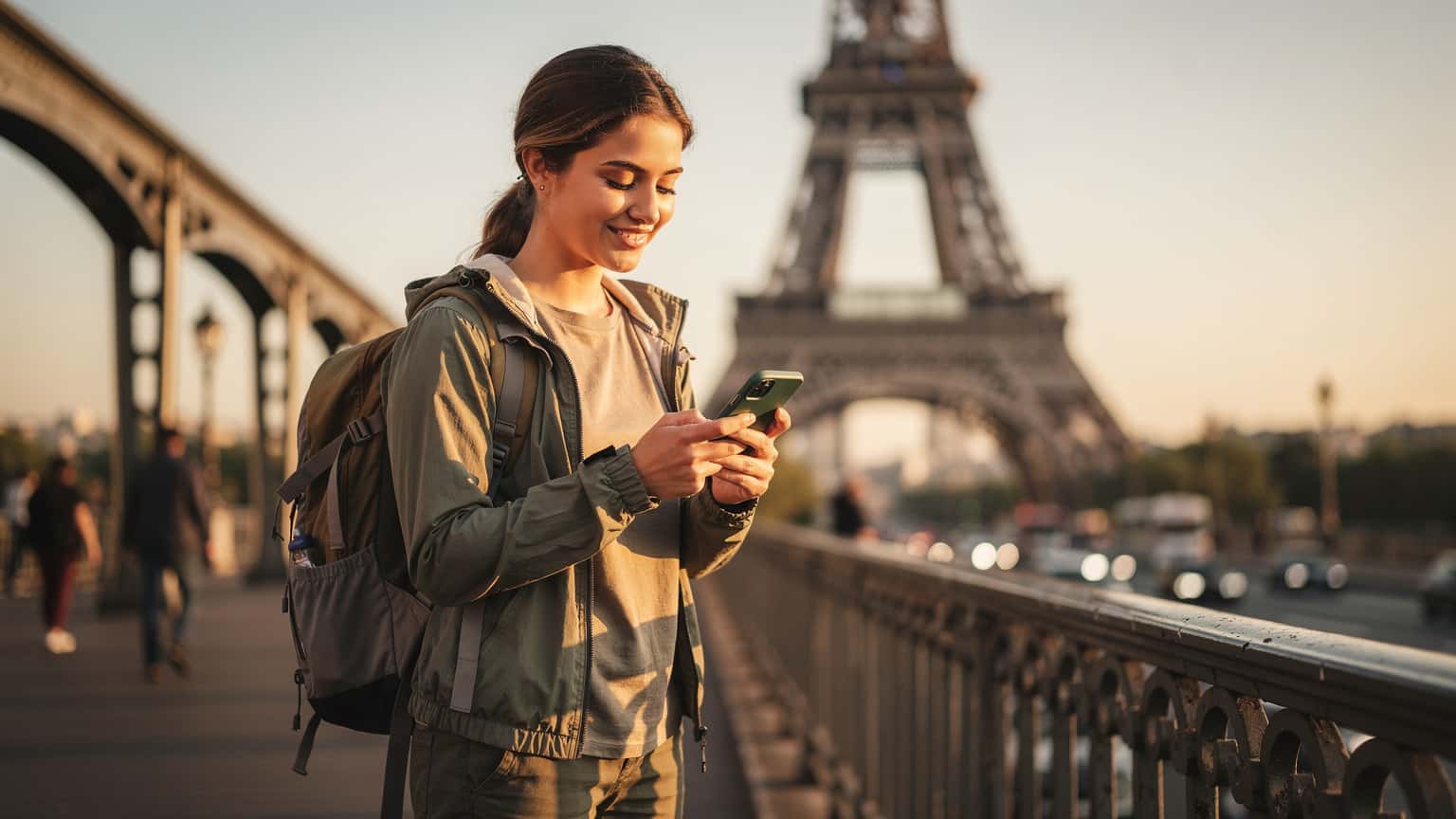 Una viajera con mochila observando la Torre Eiffel al atardecer, consultando su smartphone con una sonrisa.