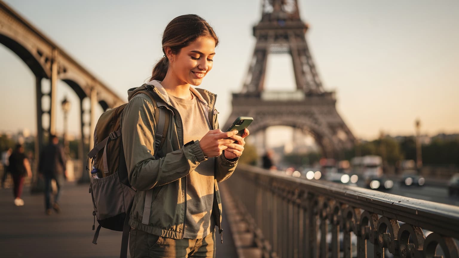 Una viajera con mochila observando la Torre Eiffel al atardecer, consultando su smartphone con una sonrisa.