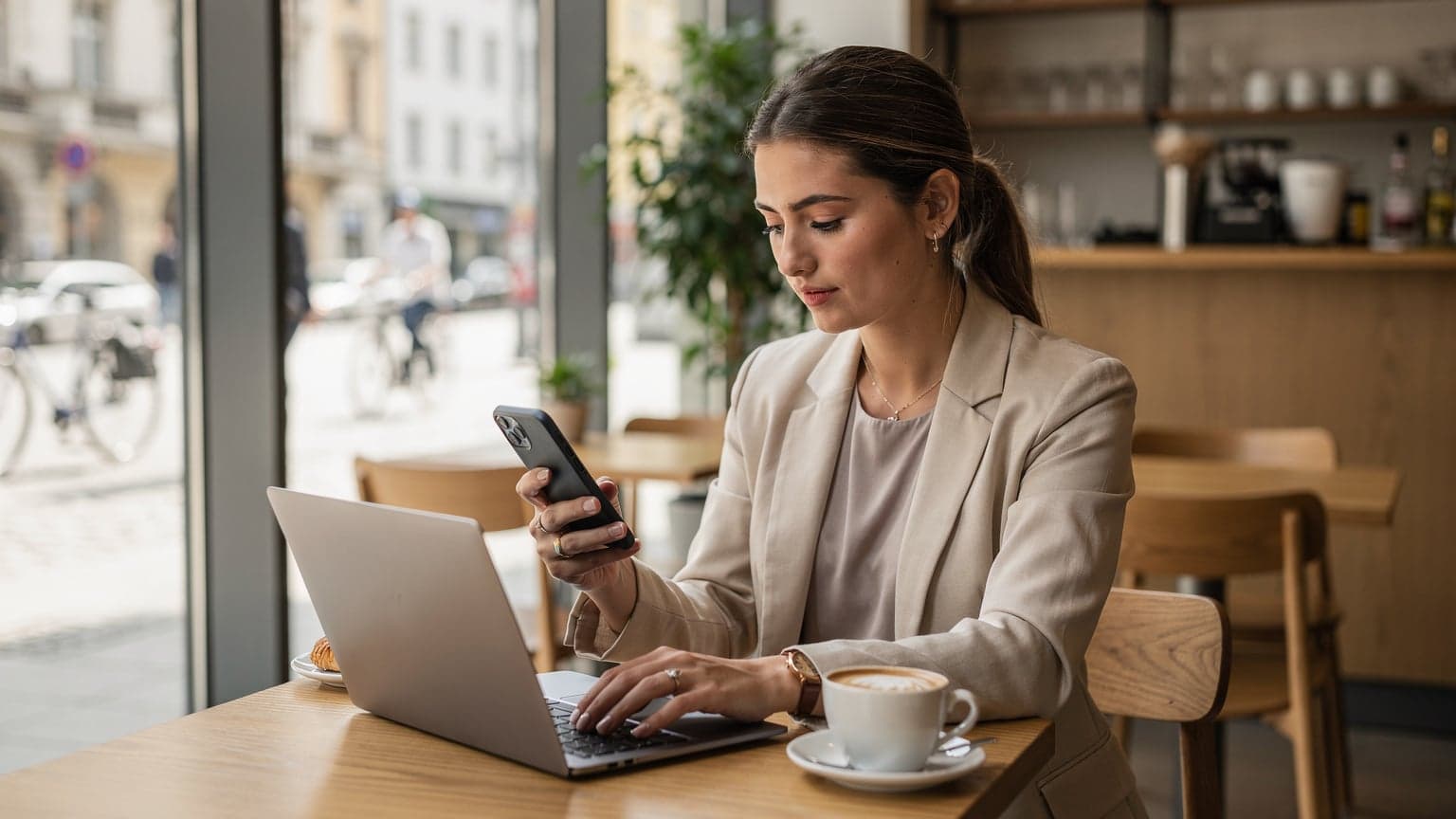 Eine Frau in einem schicken Münchner Café, die ihr Smartphone mit einer Tasse Kaffee und einem Laptop auf dem Tisch bedient, während sie Reisepläne schmiedet.