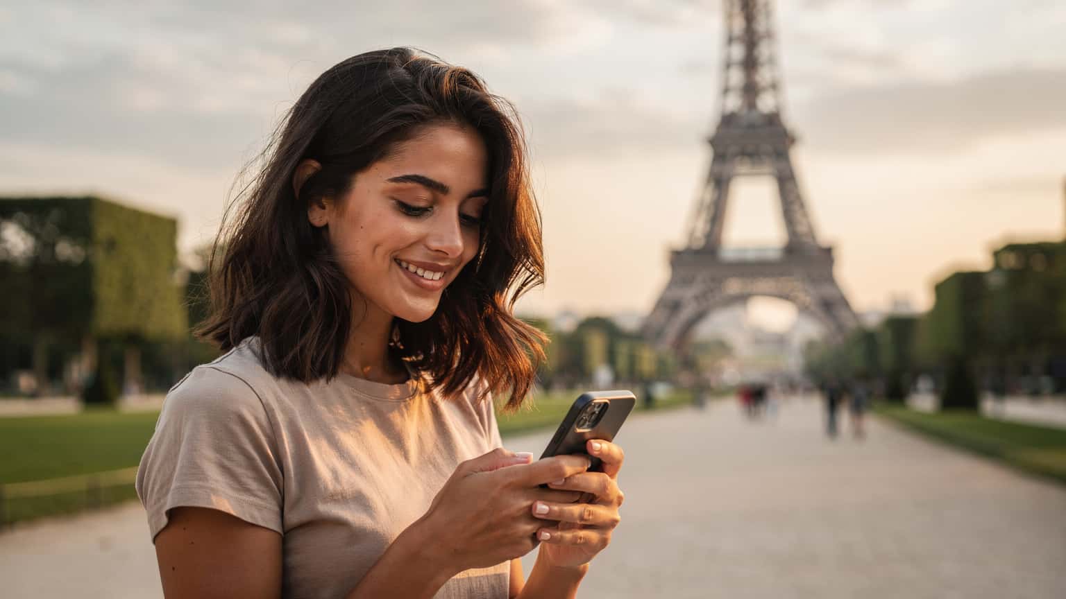 O turistă zâmbește, verificându-și telefonul în fața Turnului Eiffel din Paris, sub o lumină aurie de amurg.