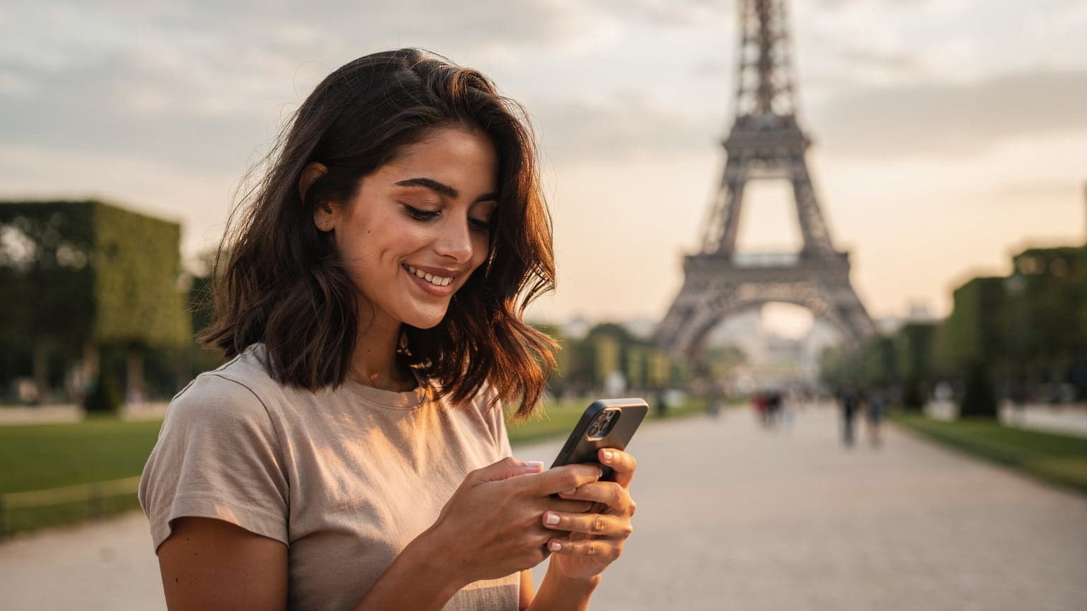 O turistă zâmbește, verificându-și telefonul în fața Turnului Eiffel din Paris, sub o lumină aurie de amurg.