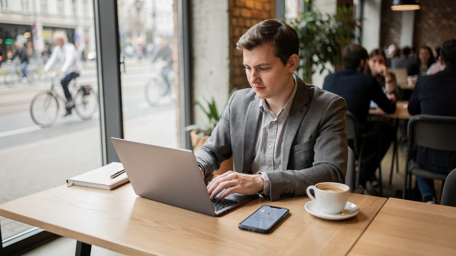 Eine Person sitzt entspannt an einem Tisch in einem belebten Co-Working-Space in Berlin, tippt auf einem Laptop und hat ein Smartphone mit einer eSIM-Bestätigung neben sich liegen, während im Hintergrund andere arbeitende Menschen zu sehen sind.