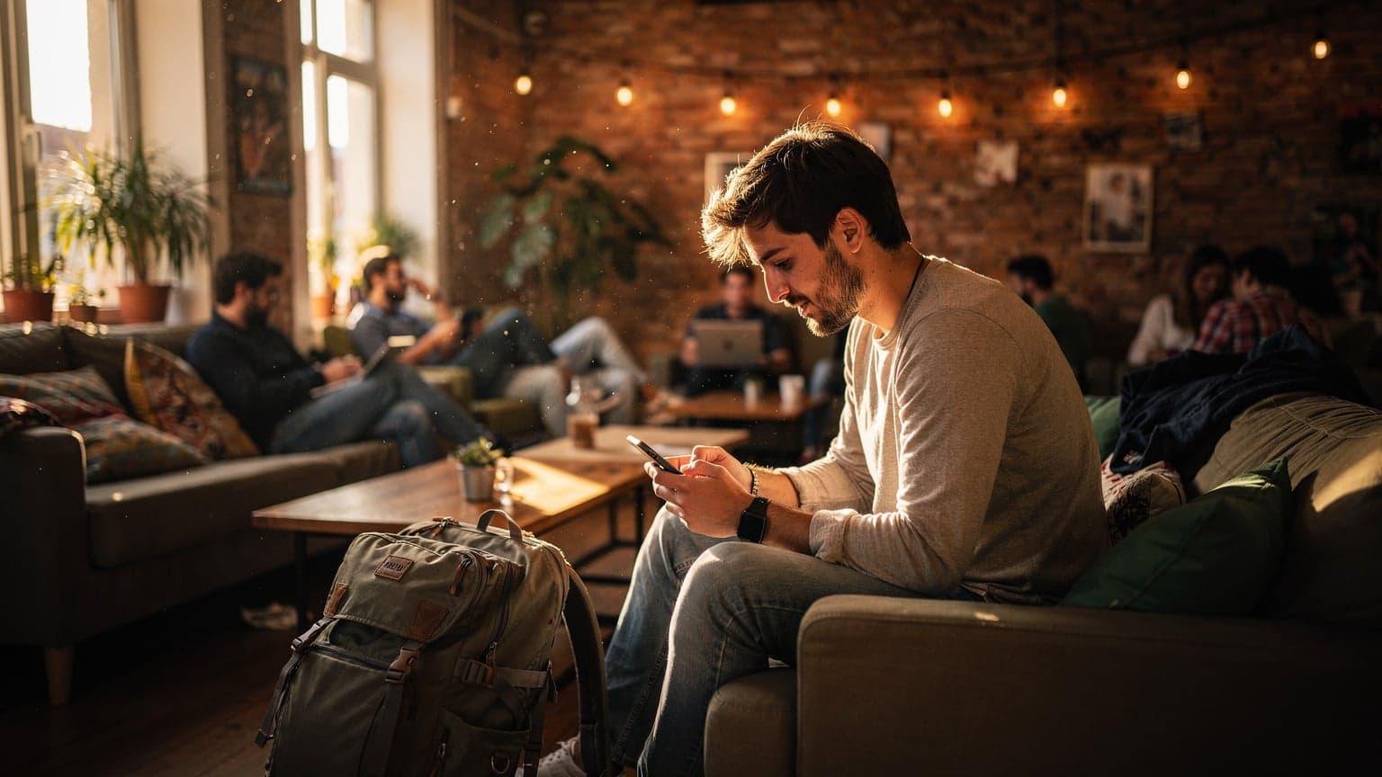A backpacker in a budget hostel common room in Lisbon, Portugal, looking at their iPhone with a focused expression, an open map application visible on the screen.