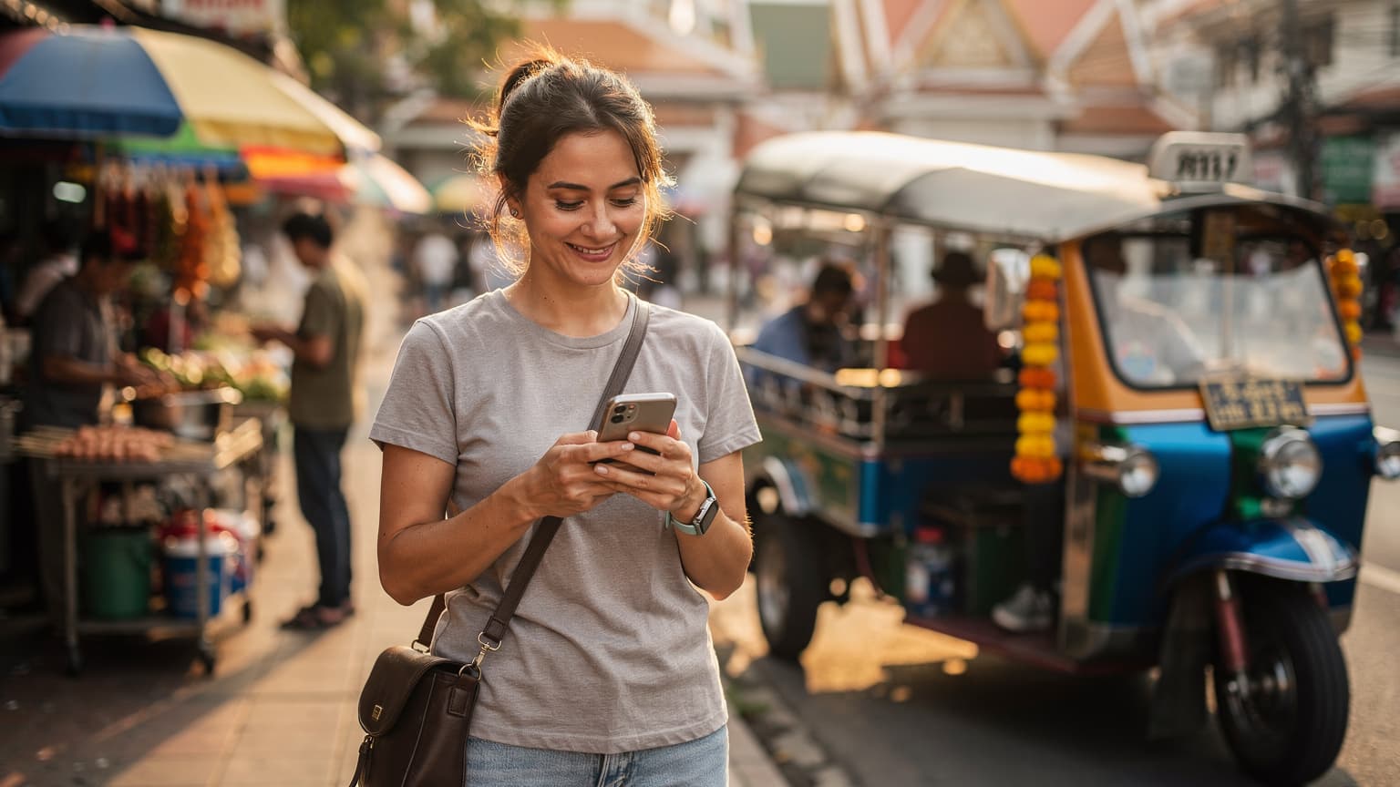 Une voyageuse souriante consulte son téléphone, un tuk-tuk coloré passant en arrière-plan sur une rue animée de Bangkok, en Thaïlande.