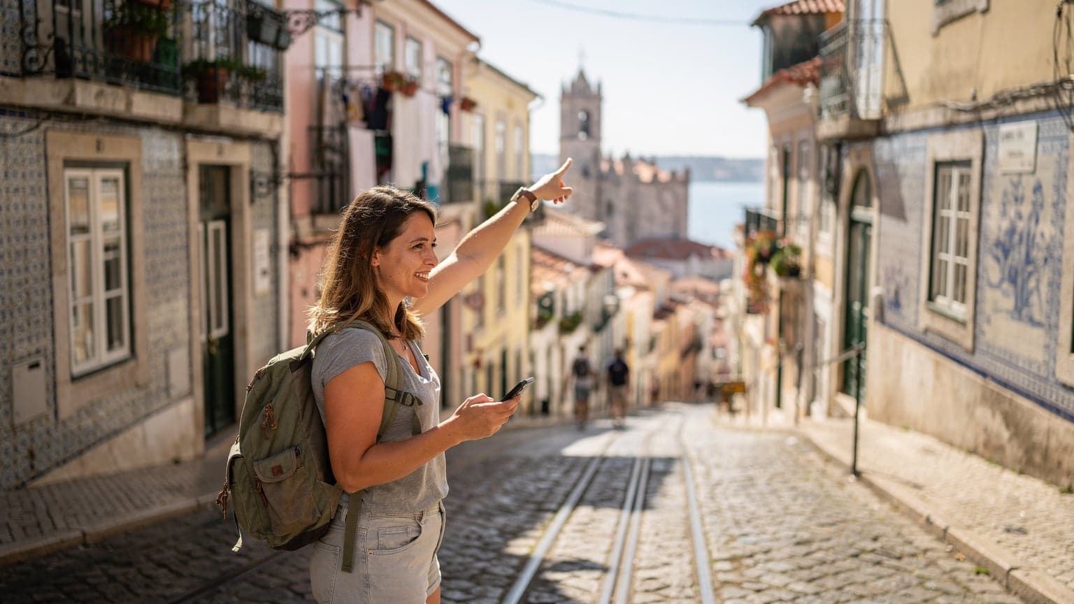 Uma viajante sorridente no bairro da Alfama, em Lisboa, olhando para o seu smartphone com um mapa aberto, enquanto ao fundo se avistam os telhados de barro e o Rio Tejo sob um céu azul claro.