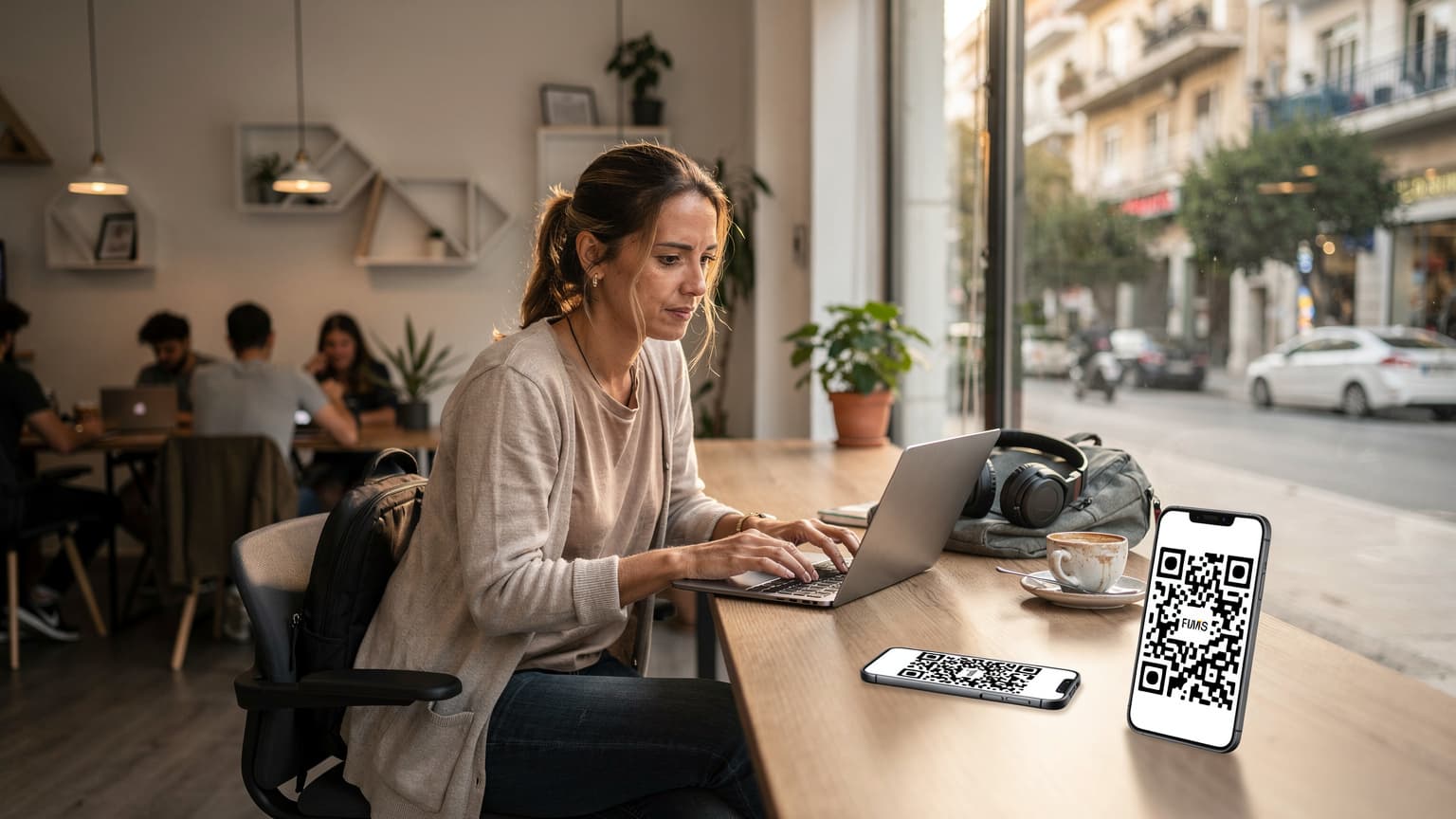 A digital nomad sits focused at a laptop in a bustling Athens co-working space, a coffee cup and a smartphone with an eSIM QR code visible on the table, with sunlight streaming through large windows.