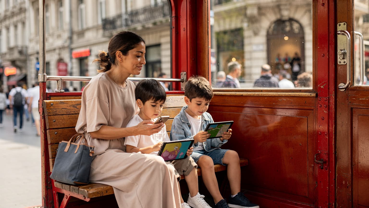 İstanbul'da tarihi bir tramvayda, pencereden dışarıyı seyreden, elinde akıllı telefonuyla gülümseyen bir anne ve yanında tabletinde çizgi film izleyen iki çocuk.