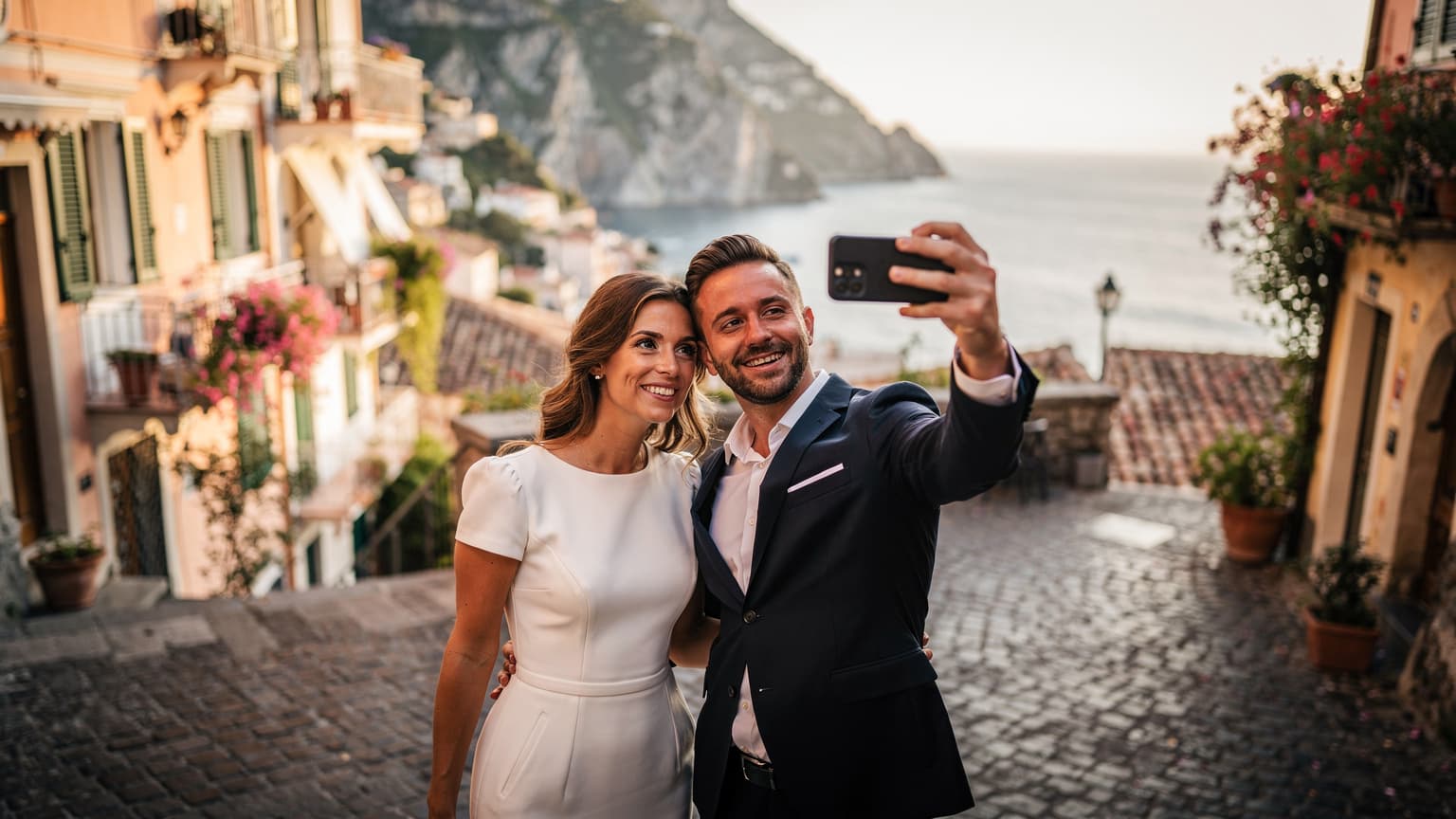 Et par i bryllupsantrekk tar en selfie med en smarttelefon, med en pittoresk europeisk landsby i bakgrunnen under en solnedgang.
