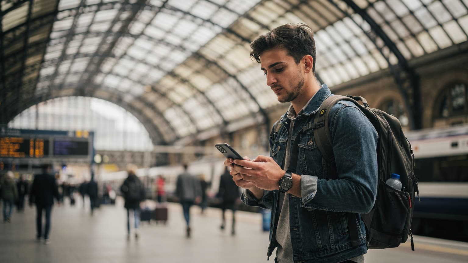 Una persona che consulta il suo smartphone mentre attende il treno alla stazione di King's Cross a Londra, con l'architettura distintiva della stazione sullo sfondo.