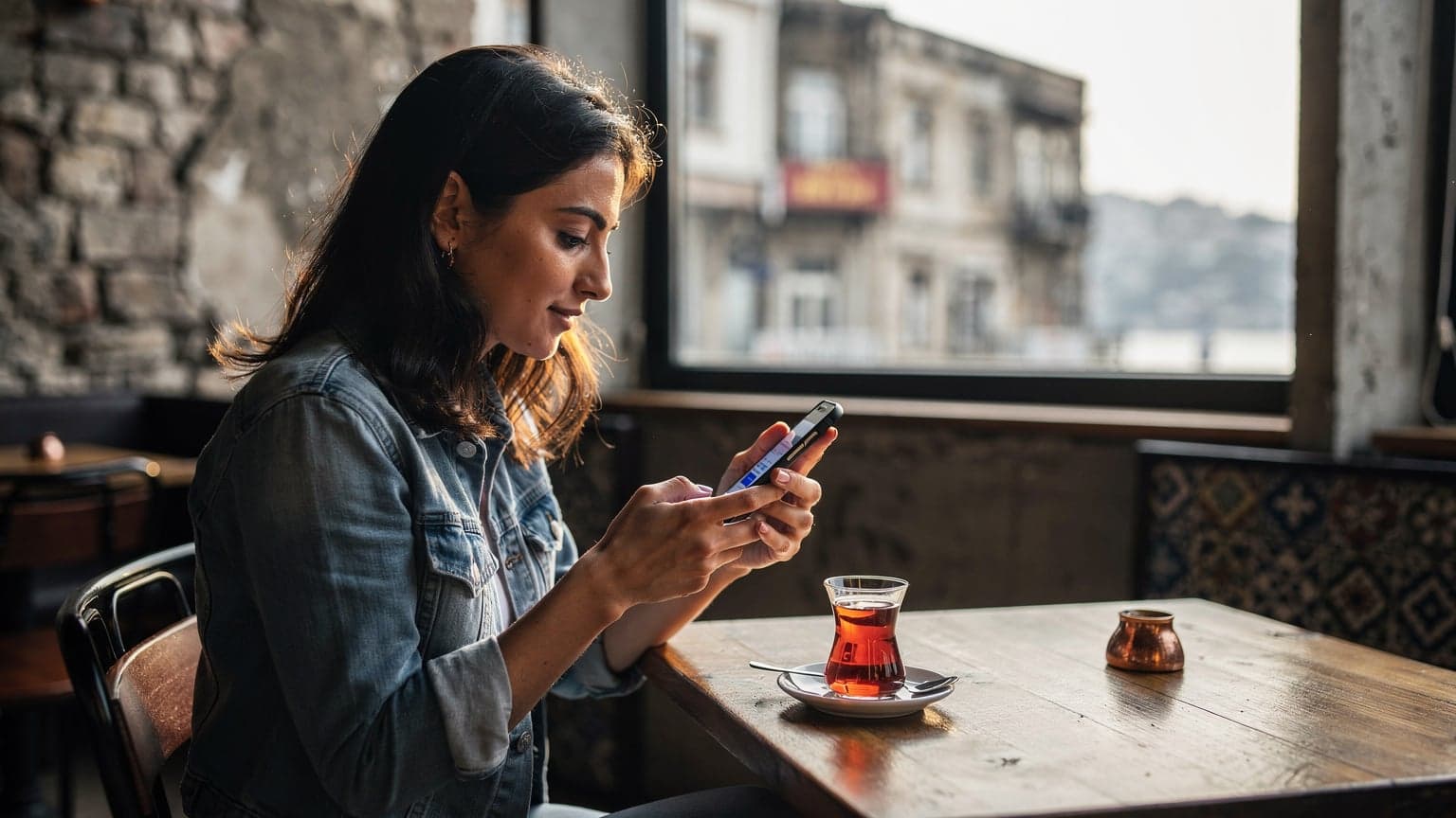 İstanbul'un Karaköy semtindeki bir kafede oturan bir kadın, telefonunda eSIM kurulumu yaparken kahvesini yudumluyor.