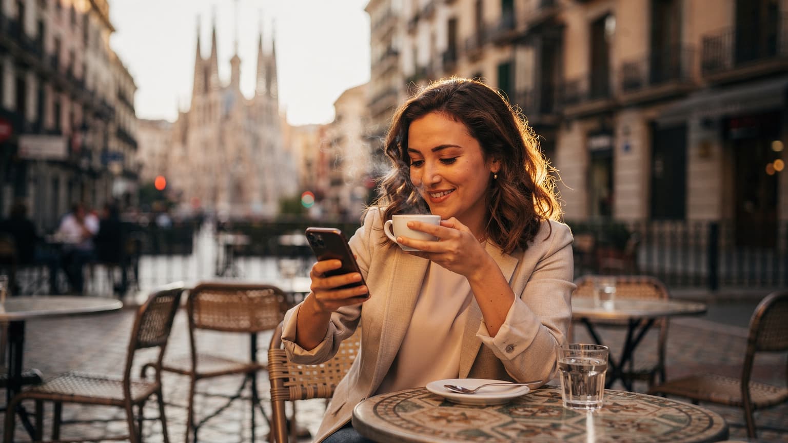 Una mujer sonríe mientras revisa su teléfono en una terraza con vistas a la Sagrada Familia de Barcelona, disfrutando de un café con leche.