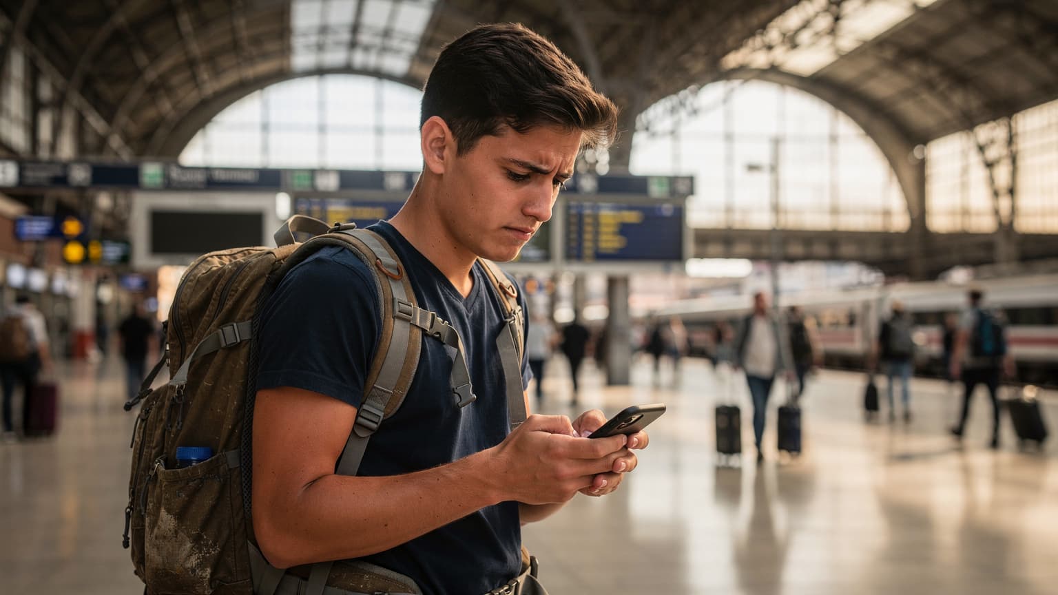A concerned young backpacker checking their phone for signal at a bustling train station in Rome, Italy, with historic architecture visible in the background.