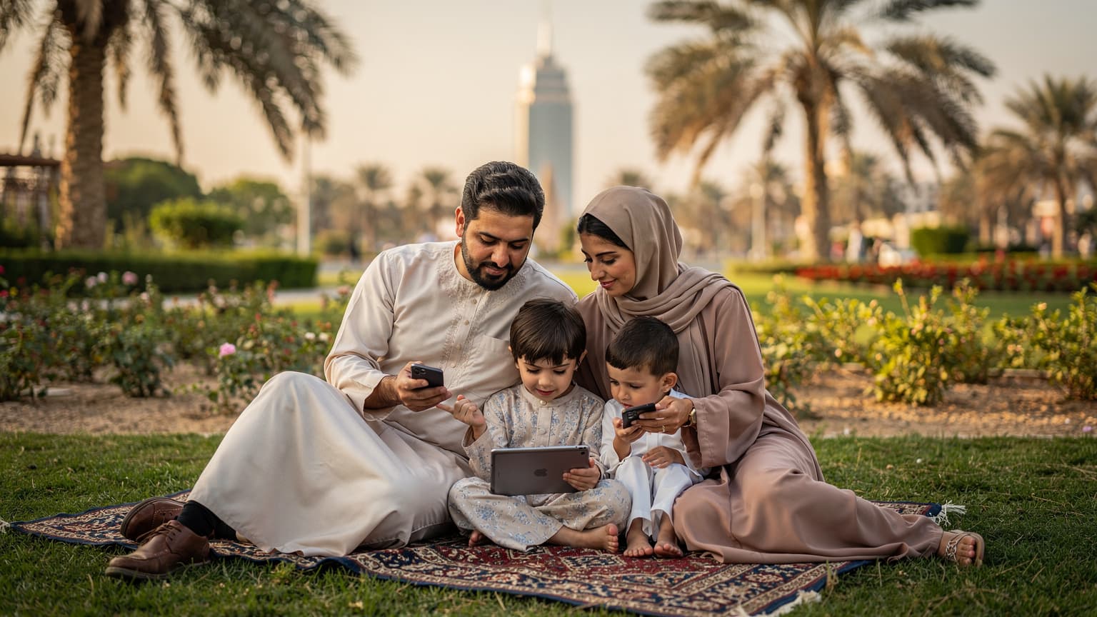 عائلة خليجية تتصفح هواتفها الذكية في حديقة خضراء واسعة في الرياض، مع أطفال يلعبون بالقرب منهم، يظهر في الخلفية برج الفيصلية.