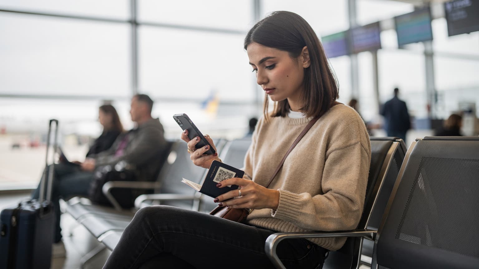 Жінка в аеропорту Бориспіль перевіряє свій смартфон, розглядаючи QR-код для активації eSIM перед вильотом, навколо неї метушиться натовп пасажирів.