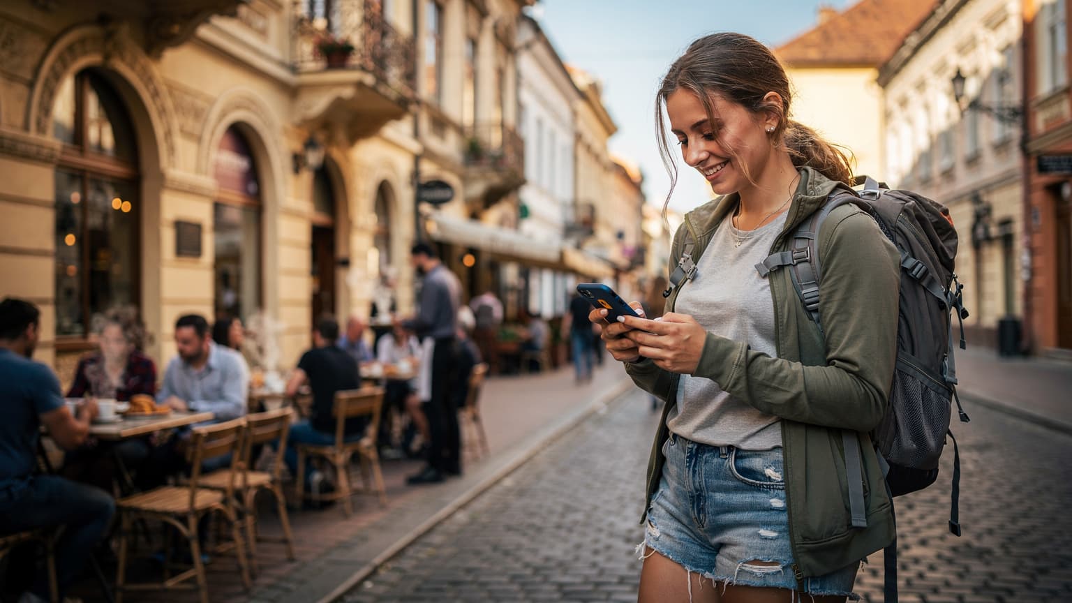 O femeie tânără, cu un rucsac de călătorie, zâmbește în timp ce verifică telefonul compatibil eSIM pe o stradă aglomerată din centrul vechi al Bucureștiului, lângă o terasă plină de oameni.