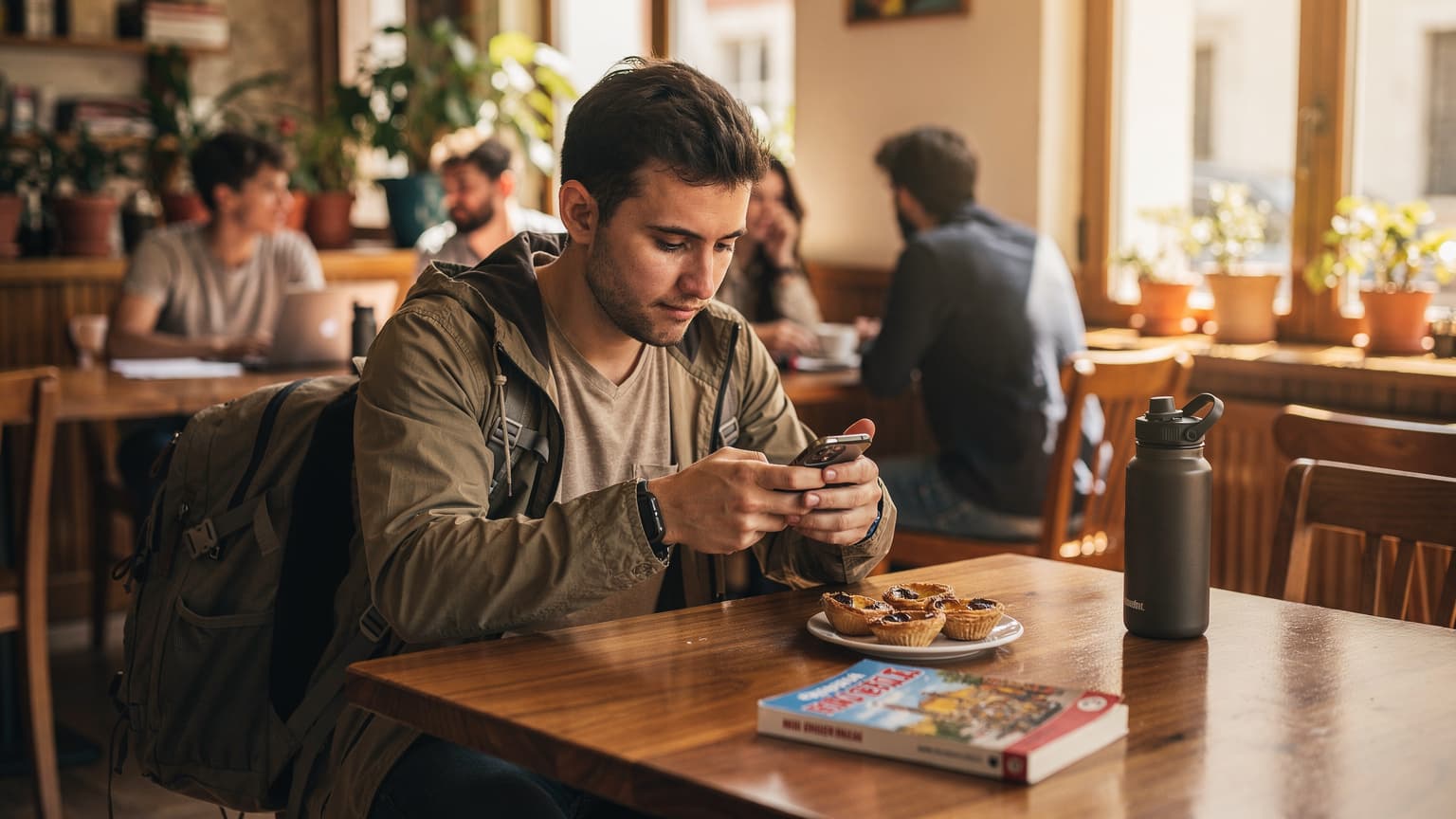 Ein junger Backpacker sitzt an einem rustikalen Holztisch in einem belebten Hostel-Café in Lissabon, tippt konzentriert auf seinem Smartphone und hat eine Karte sowie einen Notizblock neben sich liegen.