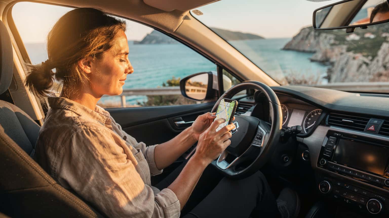 En kvinna tittar på sin telefon med en GPS-karta på skärmen, sittandes i förarsätet på en bil med Adriatiska havet synligt genom fönstret under en solig dag.