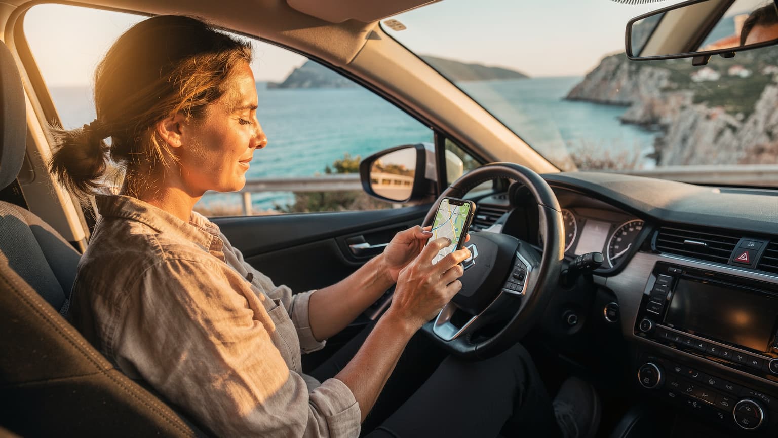 En kvinna tittar på sin telefon med en GPS-karta på skärmen, sittandes i förarsätet på en bil med Adriatiska havet synligt genom fönstret under en solig dag.