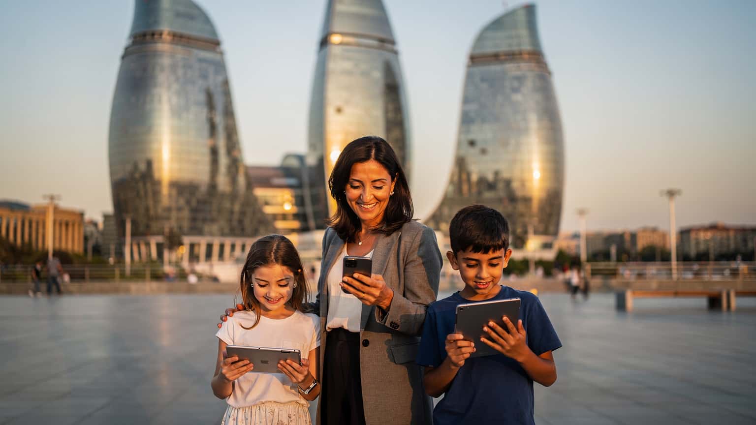 Bakü'nün Flame Towers kulelerinin önünde, bir anne ve iki çocuğu akıllı telefonlarından bir şeyler kontrol ediyor. Çocuklar eğlenirken annenin yüzünde rahatlamış bir ifade var, ışık öğleden sonra güneşi gibi parlıyor.