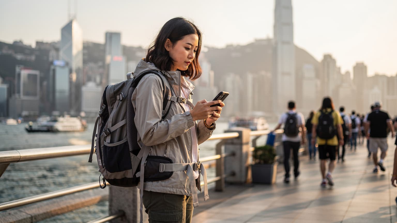 一名中國年輕女性背包客在香港維多利亞港邊使用手機,背景是香港天際線。