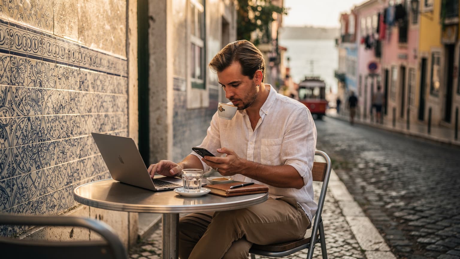 Uma pessoa sentada num café em Lisboa, com um portátil e um smartphone na mesa, a desfrutar de um café, com a luz dourada da manhã a entrar pela janela e edifícios históricos ao fundo.