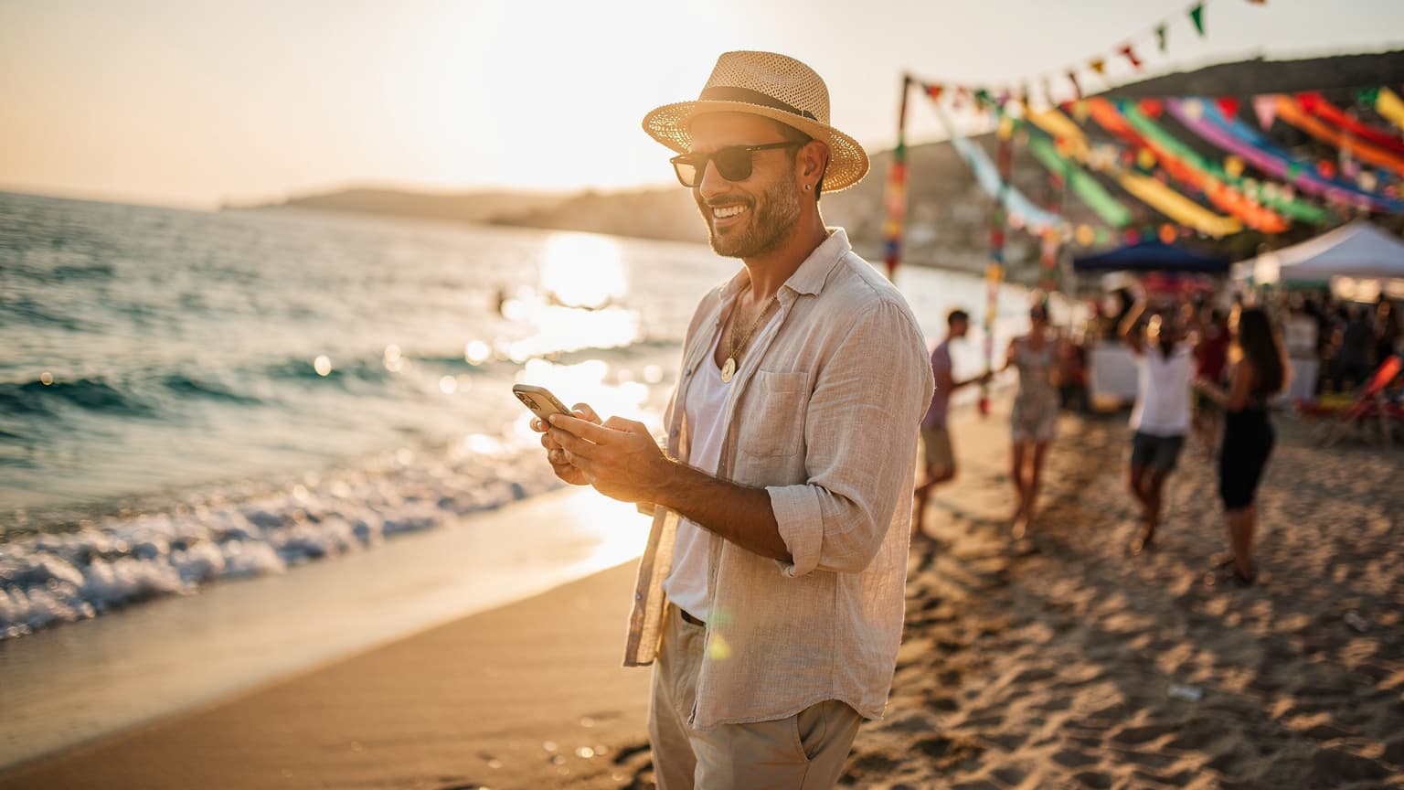 A cinematic, wide-angle image of a person on a beautiful Mediterranean beach in Turkey during a summer sunset, holding a smartphone. In the blurred background, there are colorful decorations and a lively atmosphere suggesting a festival.