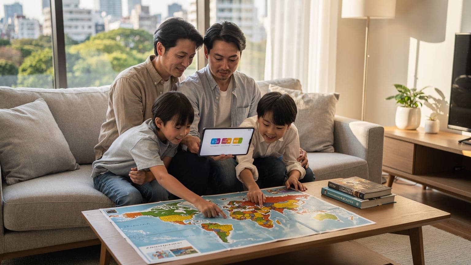 夏休みの旅行を計画している家族が、リビングで世界地図を広げ、タブレットとスマートフォンを囲んでeSIMプランを比較検討している様子。子供たちは目を輝かせている。