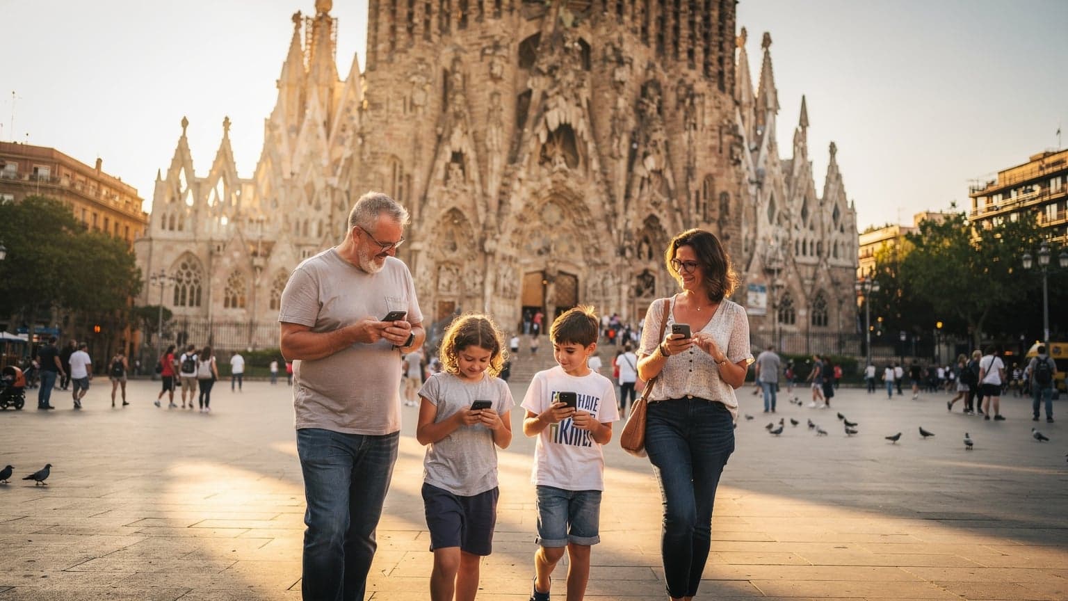 A family, including two parents and two children, happily walking through a bustling European city square with historical architecture in the background, all looking at their phones and smiling, indicating good connectivity.