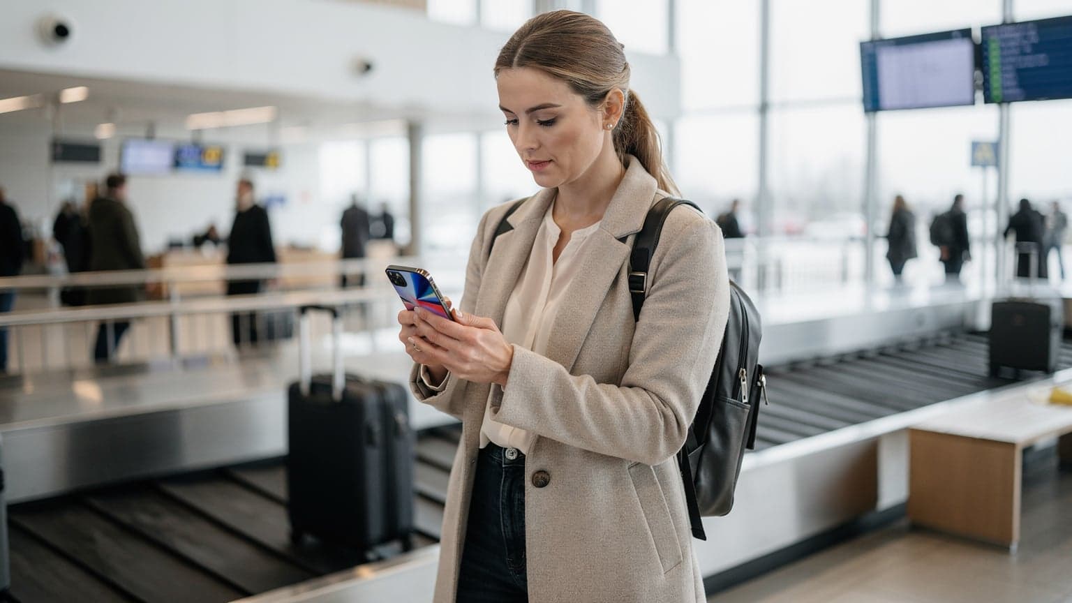 En kvinne sjekker sin nye iPhone 18 med et eSIM-aktiveringsskjermbilde ved ankomsthallen på Oslo Lufthavn Gardermoen, med bagasjebånd i bakgrunnen, fanget i mykt morgenlys.