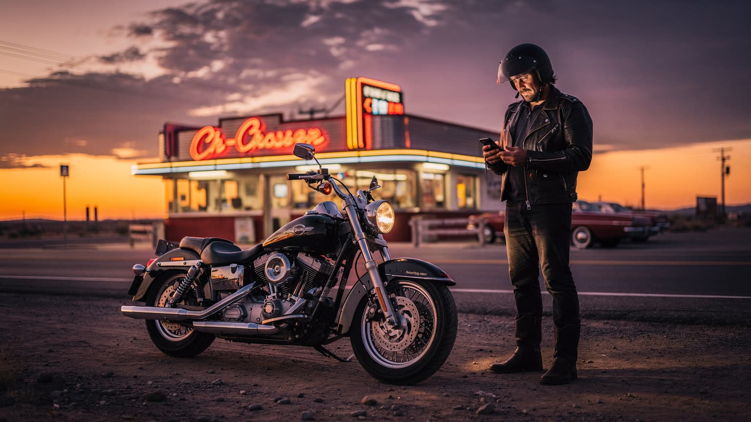 Una motocicleta clásica Harley-Davidson estacionada frente a un diner retro en la Ruta 66 al atardecer, con un viajero revisando su teléfono.