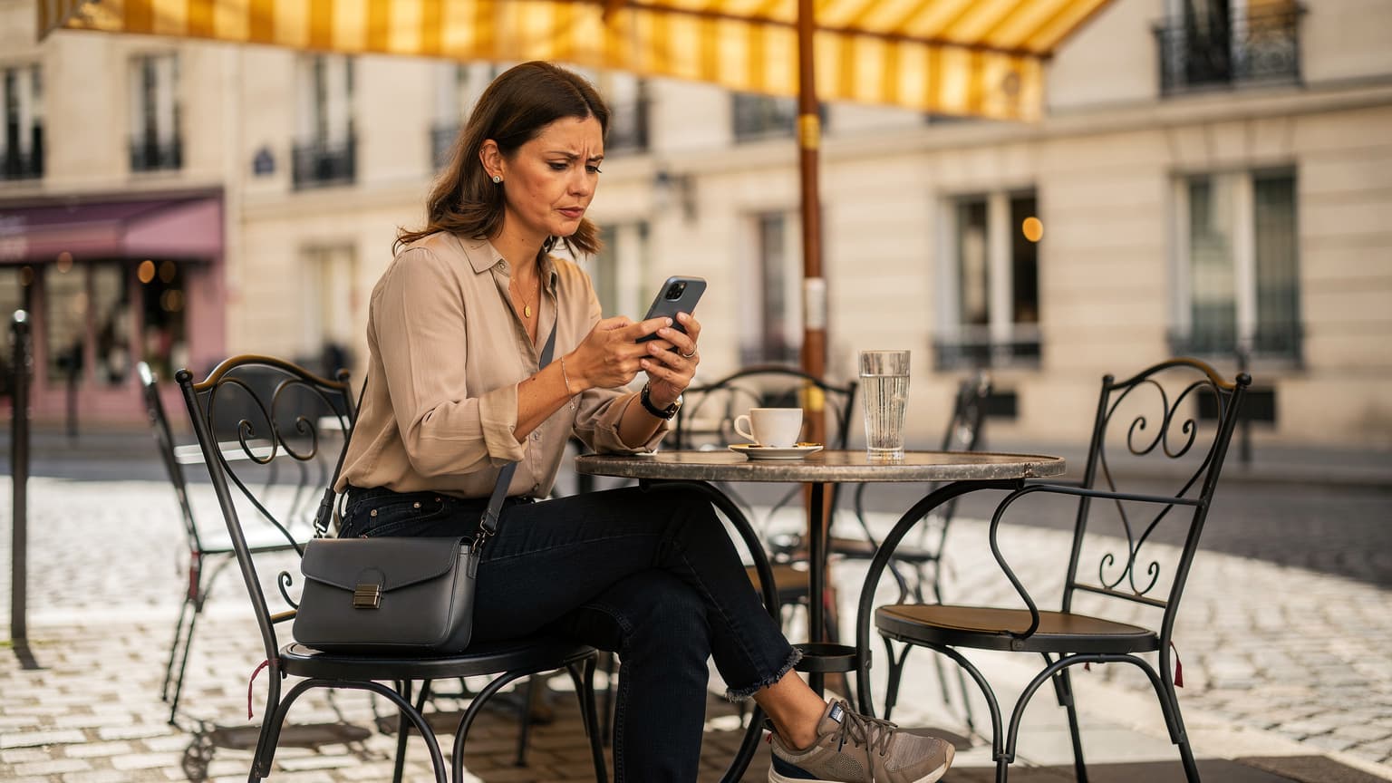 Une voyageuse assise sur une terrasse de café animée à Montmartre, Paris, consultent son téléphone pour vérifier sa connexion eSIM avant de partir en exploration.