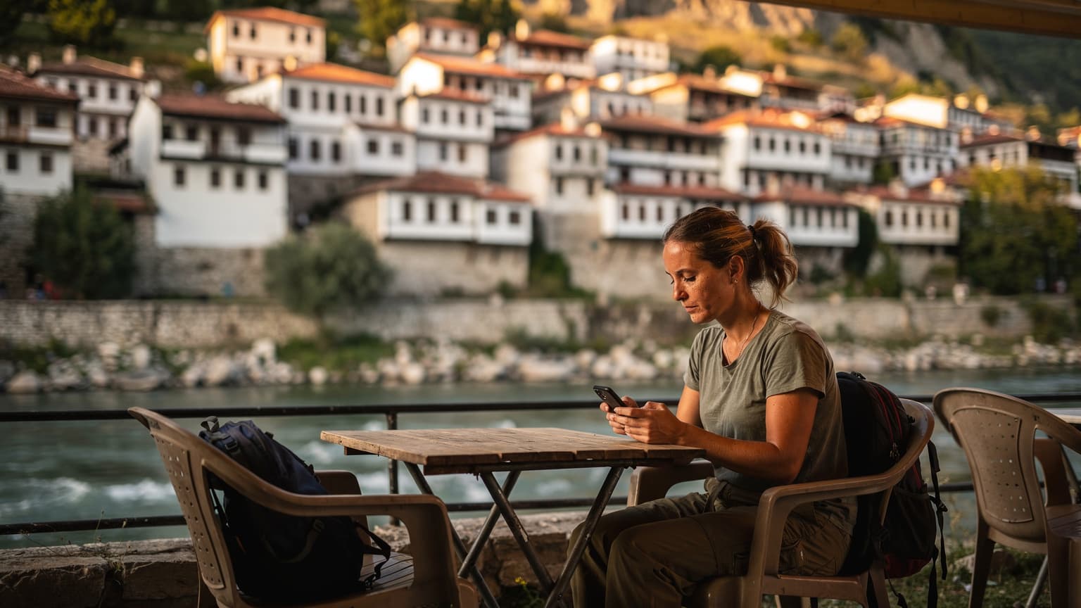 Arnavutluk'un Berat şehrinde, Osum Nehri kıyısında bir kafede oturan, elinde telefon tutan sırt çantalı bir gezgin, eski taş evlere bakıyor.
