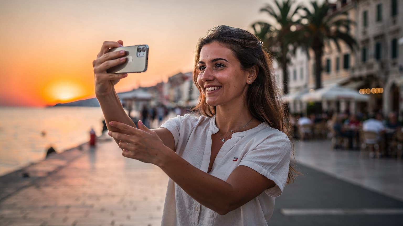 Una donna italiana sorride mentre scatta una foto al tramonto sul lungomare di Spalato, in Croazia, con il suo smartphone che mostra il logo di Cellesim sullo schermo.