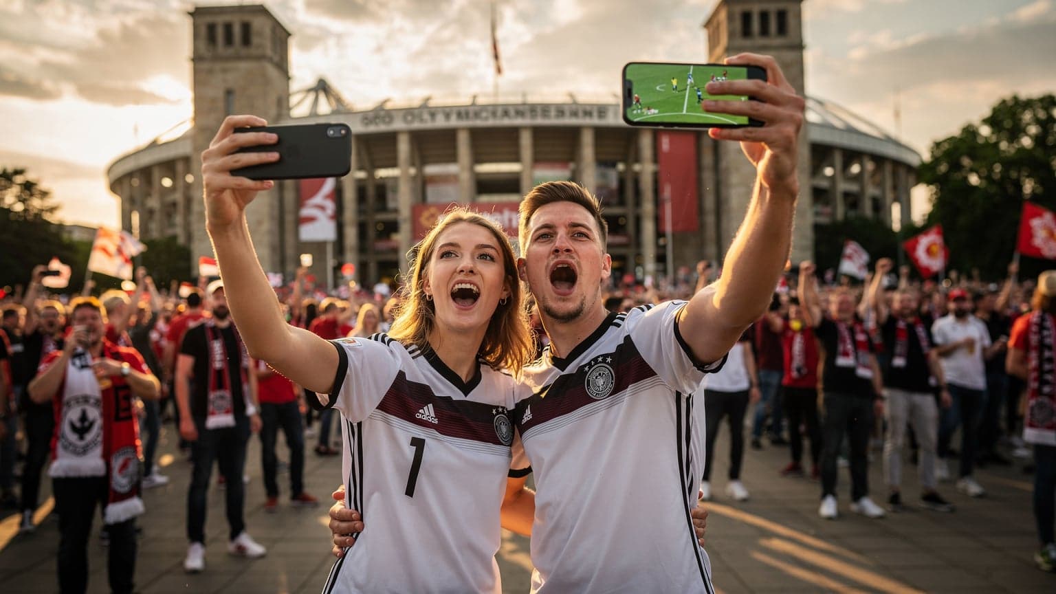 Ein Paar in Deutschland-Trikots jubelt in einer Menschenmenge vor dem Berliner Olympiastadion, während sie ein Smartphone halten, auf dem ein Fußballspiel läuft.