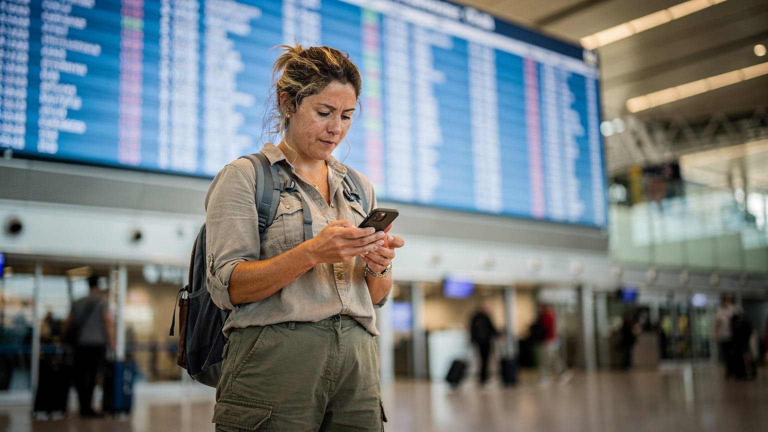 A woman wearing a backpack and holding a smartphone with a world map on its screen, standing in front of a modern airport departure board.
