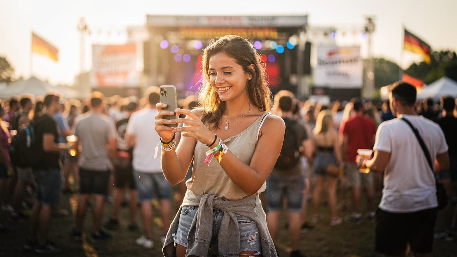 Eine junge Frau lächelt, während sie auf einem belebten Musikfestival in Deutschland ihr Smartphone hält, um Fotos zu machen und Nachrichten zu senden.