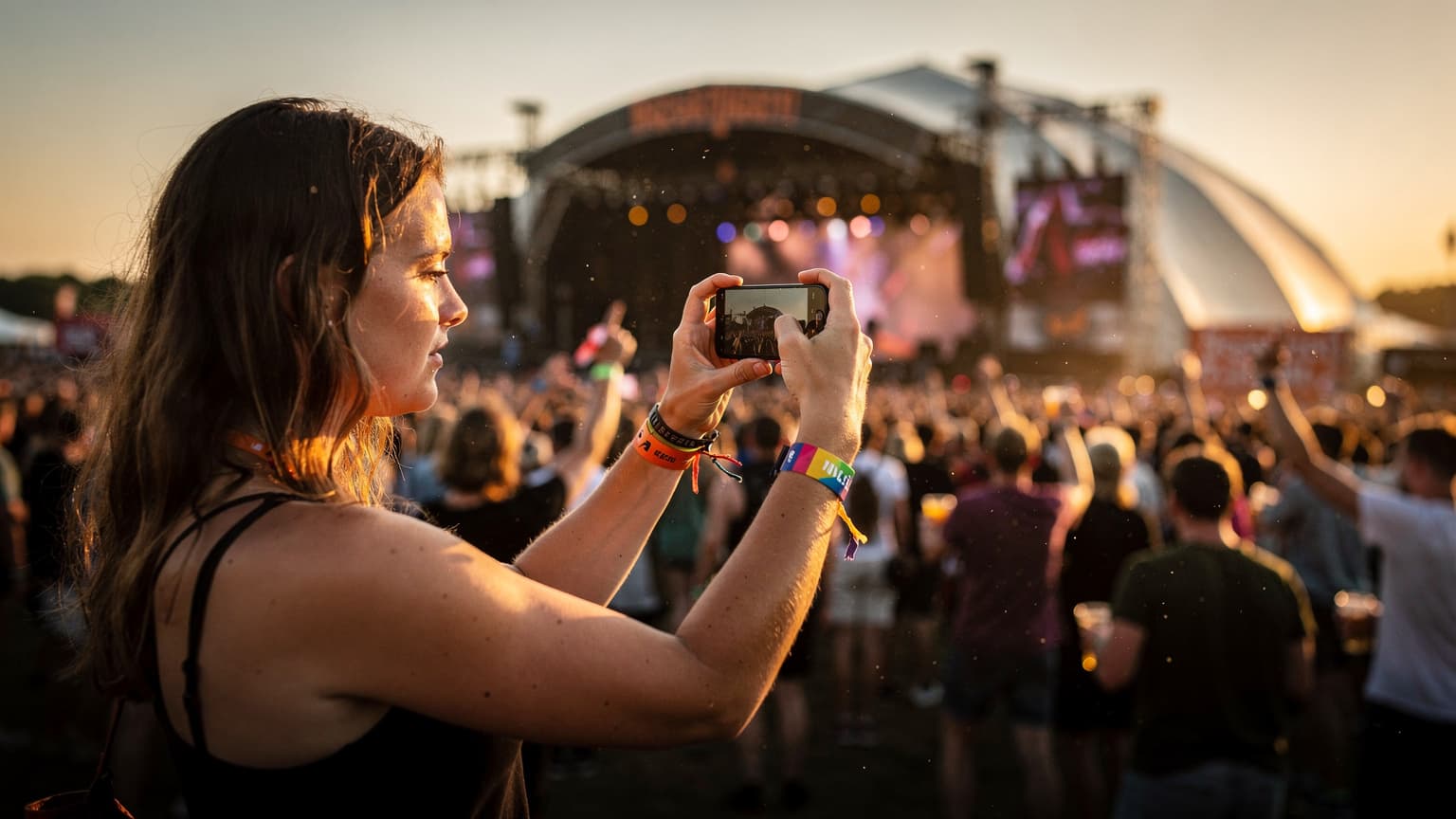 En ung kvinde med en farverig festivalarmbånd på håndleddet holder en smartphone op for at tage et billede af en stor folkemængde foran en scene ved Roskilde Festival i solnedgangen, hendes ansigt lyser op af skærmens glød.
