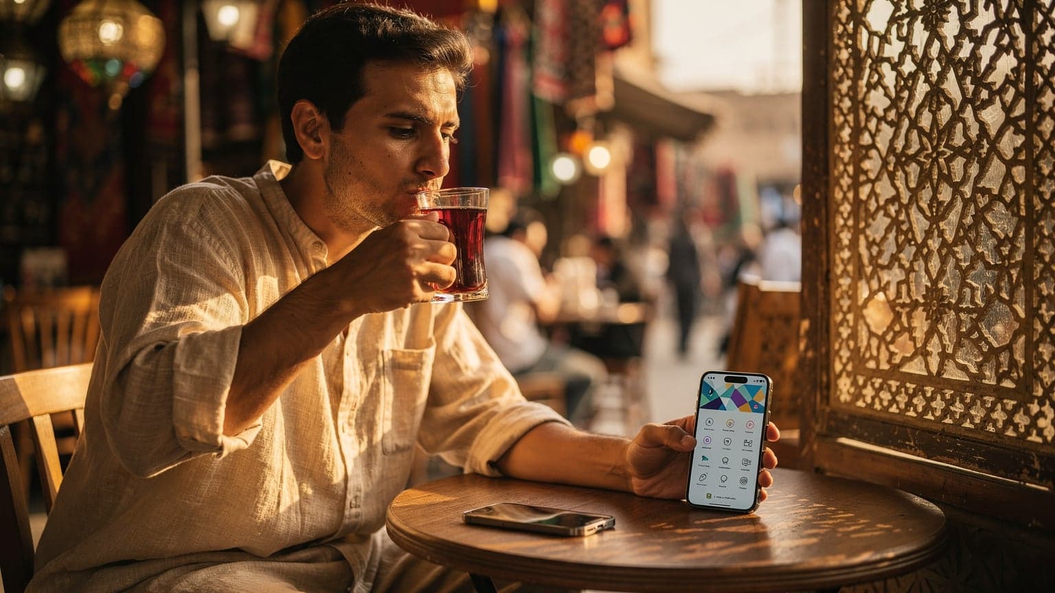 Человек сидит в кафе в Каире, пьет каркаде, а рядом на столе лежит iPhone с открытым экраном, на котором видно приложение для настройки eSIM.
