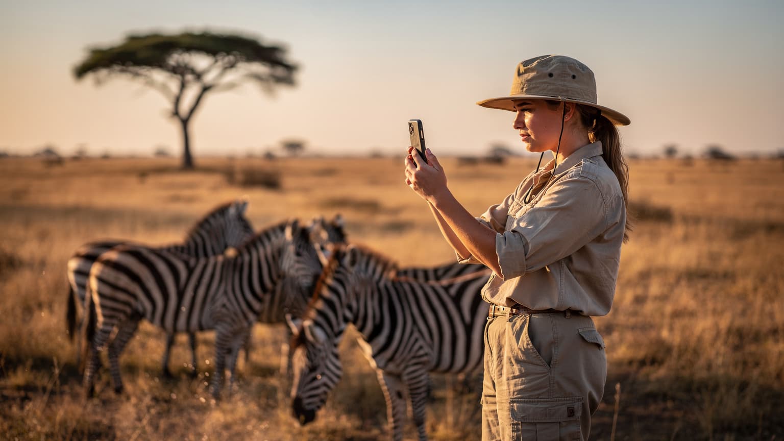 Młoda kobieta w kapeluszu safari, trzymająca smartfon z widocznym ekranem, robi zdjęcie grupie zebr na tle rozległej, słonecznej sawanny kenijskiej z pojedynczym drzewem akacji.